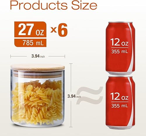 Miniatura 2 de Tarros de vidrio con tapas de bambú de 27 onzas líquidas juego de 6, recipientes de vidrio con tapas herméticas, recipientes de vidrio para