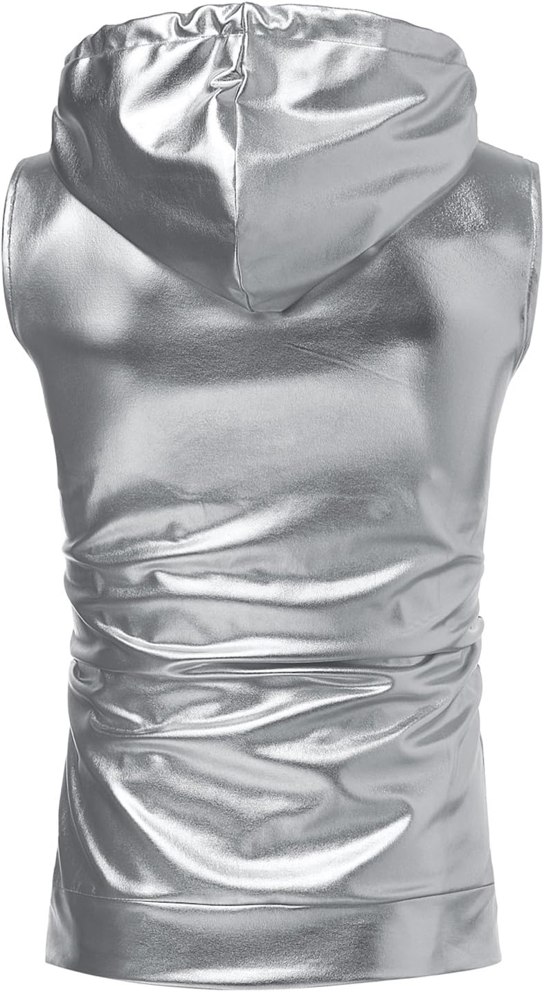 ZEROYAA Mens Shiny Metallic Zip Up Sleeveless Hooded Vest T Shirt with Kangaroo Pocket - Image 2