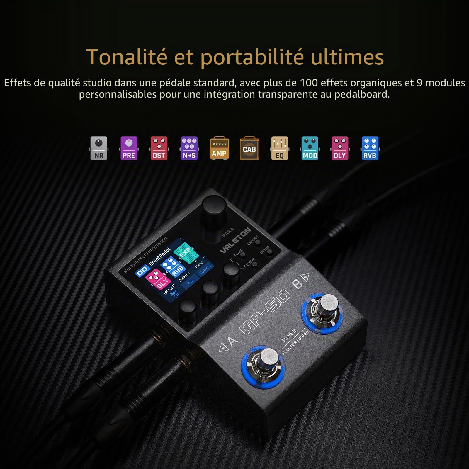 VALETON Processeur Multi-Effets & Chargeur NAM/IR avec 100+ Effets HD, 9 Modules Simultanés, Contrôle par App BT, 100 Emplacements de Patches pour Guitare et Basse GP-50