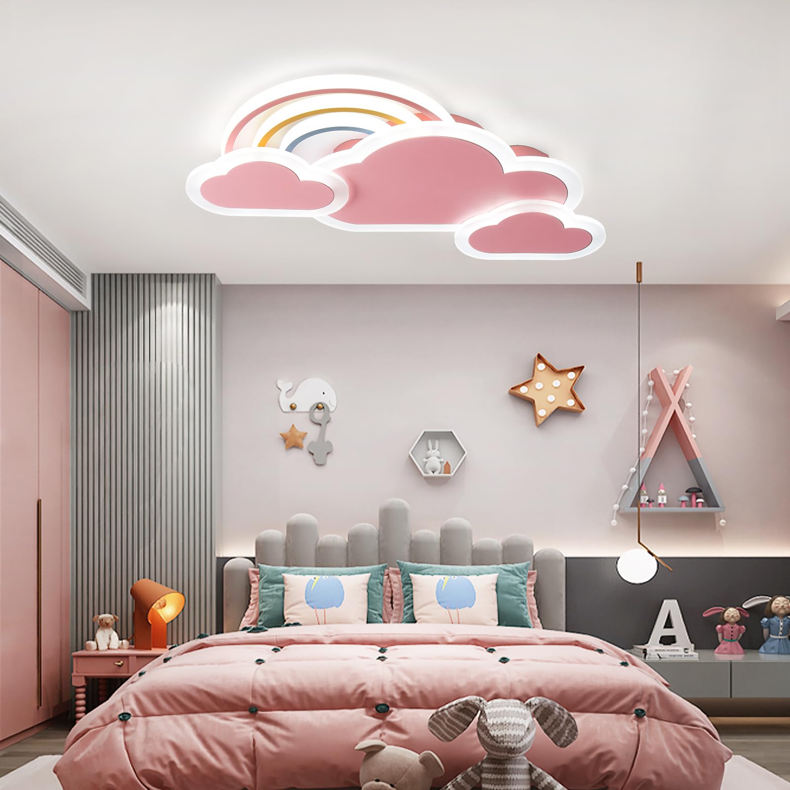 Lampara de Techo Infantil LED, 55cm/30W Lámpara de techo creativa Nubes con arcoiris Regulable con Control Remoto, Lámpara de Techo para Dormitorio de Niños y Niñas, Rosa