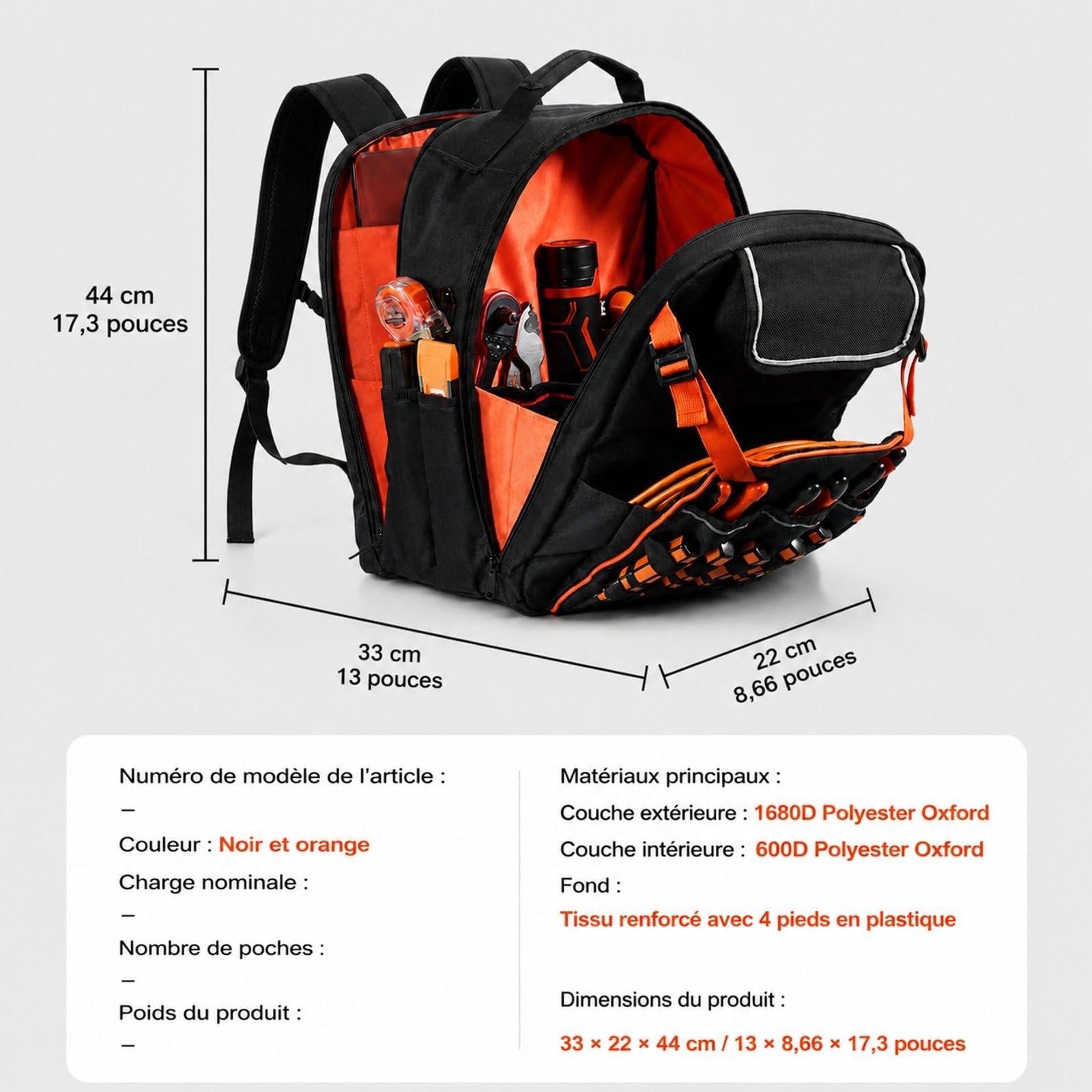 Sac à dos à outils avec 45 poches pour chantier