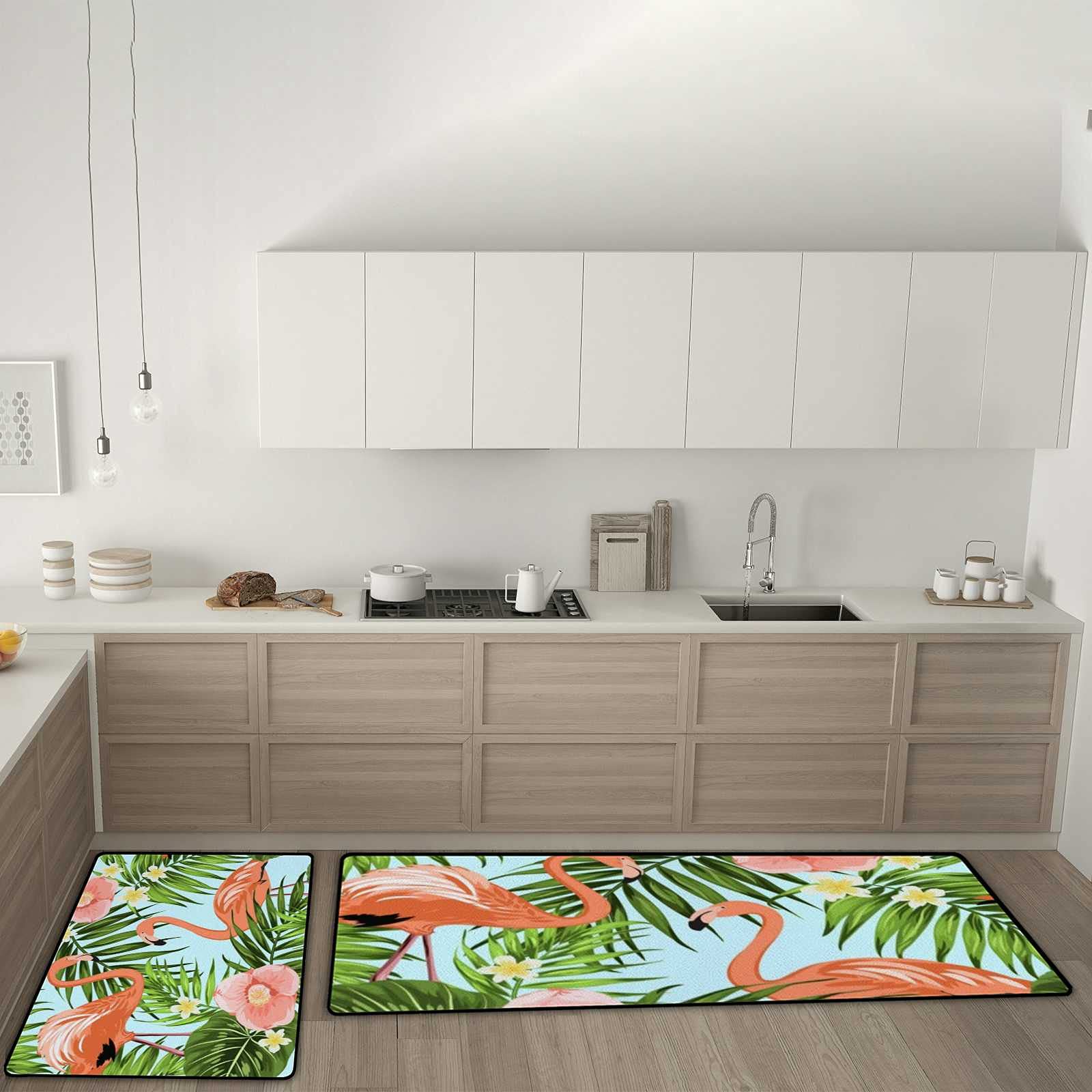 Kitchen Rugs and Mats Set of 2 Pieces Anti Fatigue Standing Mat Pink Flamingo Tropical Jungle Light Blue Non Slip Washable Comfort Flooring Carpet Runner for Kitchen Home