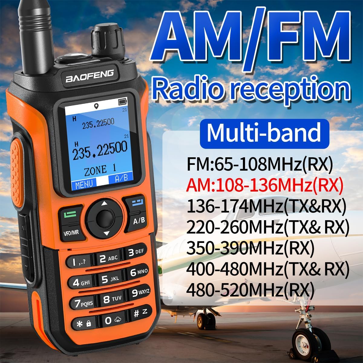 BAOFENG UV-21 displaying multi-band and FM radio frequencies