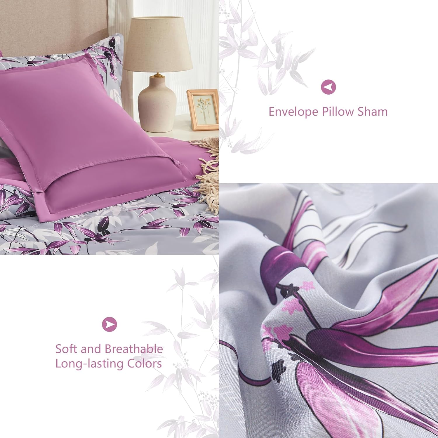 Purple Queen Comforter Set - 7 Pieces Bed in a Bag Botanical Leaf Pattern Bedding Set, Soft Lightweight Bed Set with Comforter and Sheets for All Season (Purple,Queen)