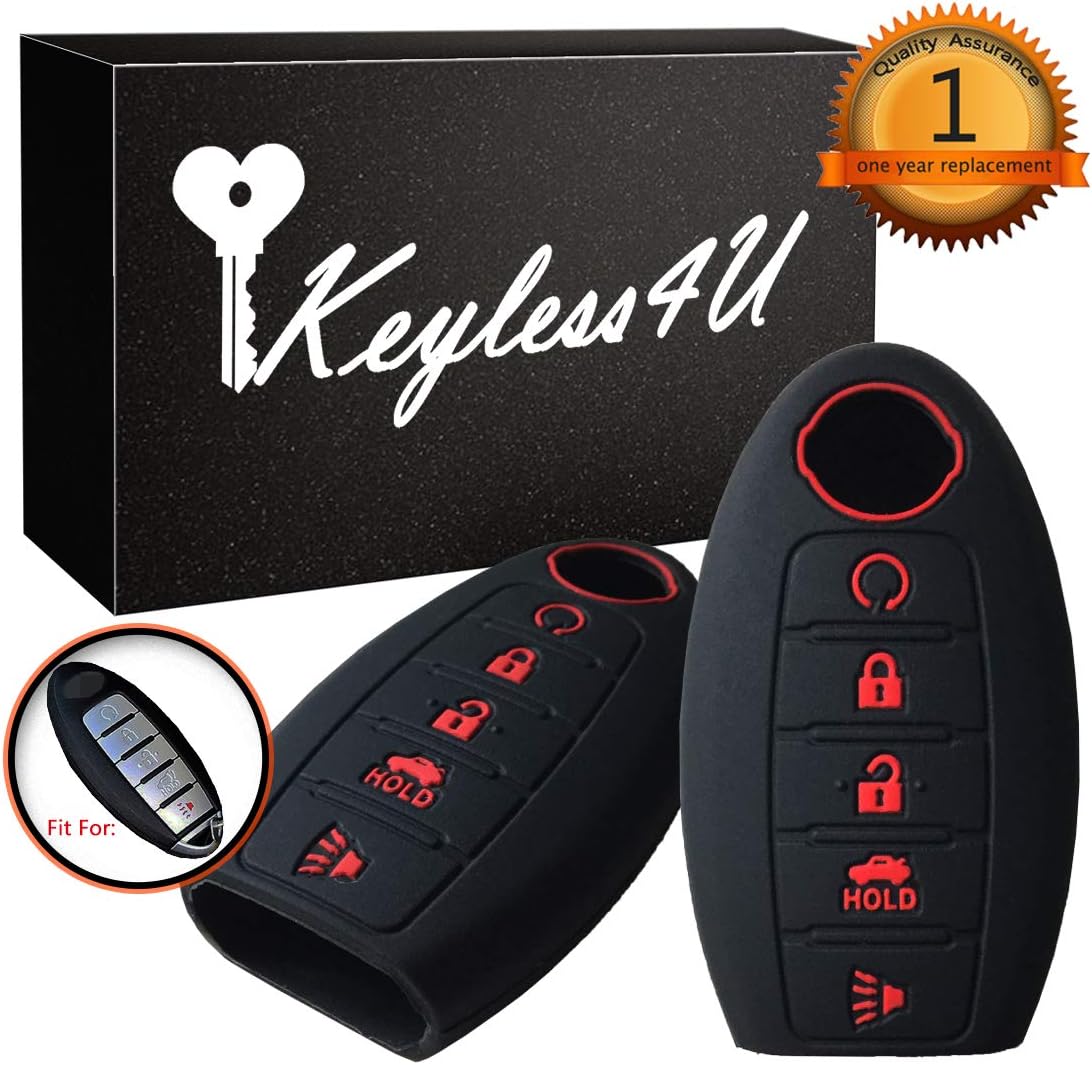 2Pcs Keyless4U 5 Buttons Silicone Key Fob Remote Cover Case Jacket Holder Protector for Nissan Altima Maxima Armada Murano Rogue Sedan Pathfinder (Black)