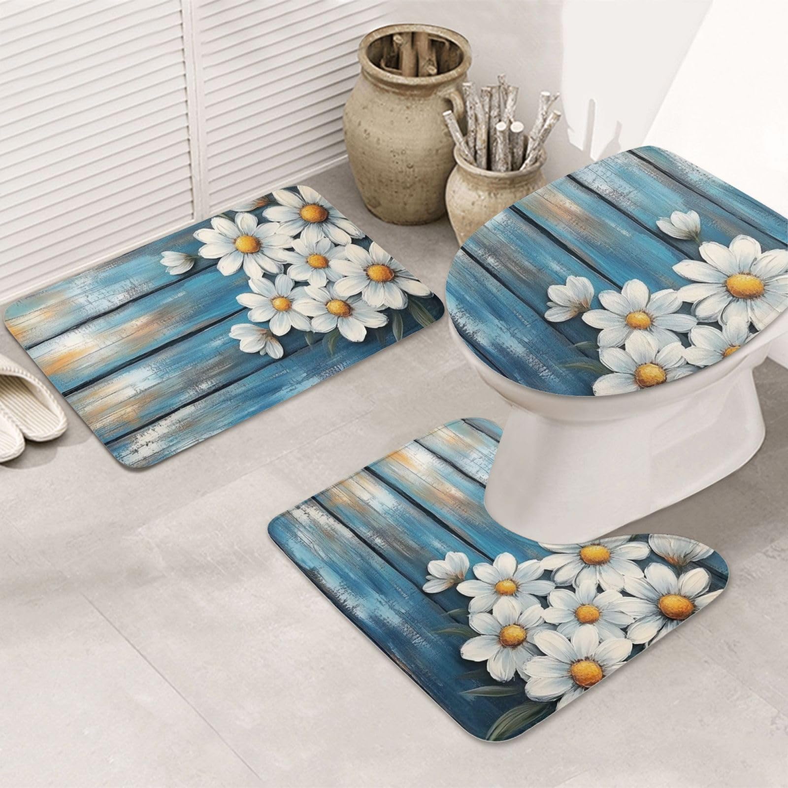 Juego de 3 alfombras de baño con margaritas blancas alfombrilla antideslizante y lavable