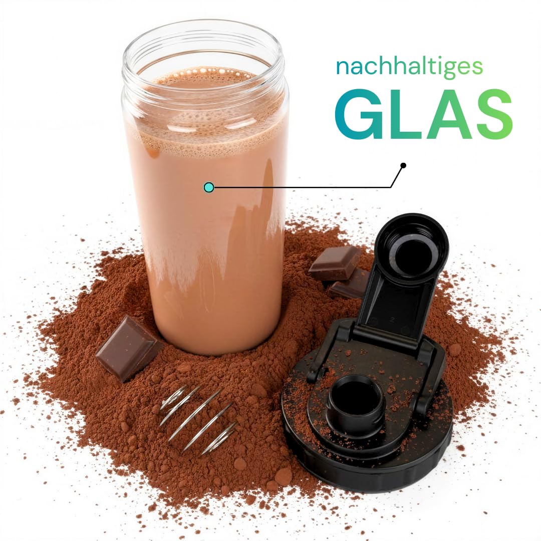 Glas Shaker 750 ml [PREMIUM] | Proteinshaker mit Mischnetz & Skala | BPA-Frei & auslaufsicher | spülmaschinenfest | robustes Spezialglas (Obsidian-Schwarz)