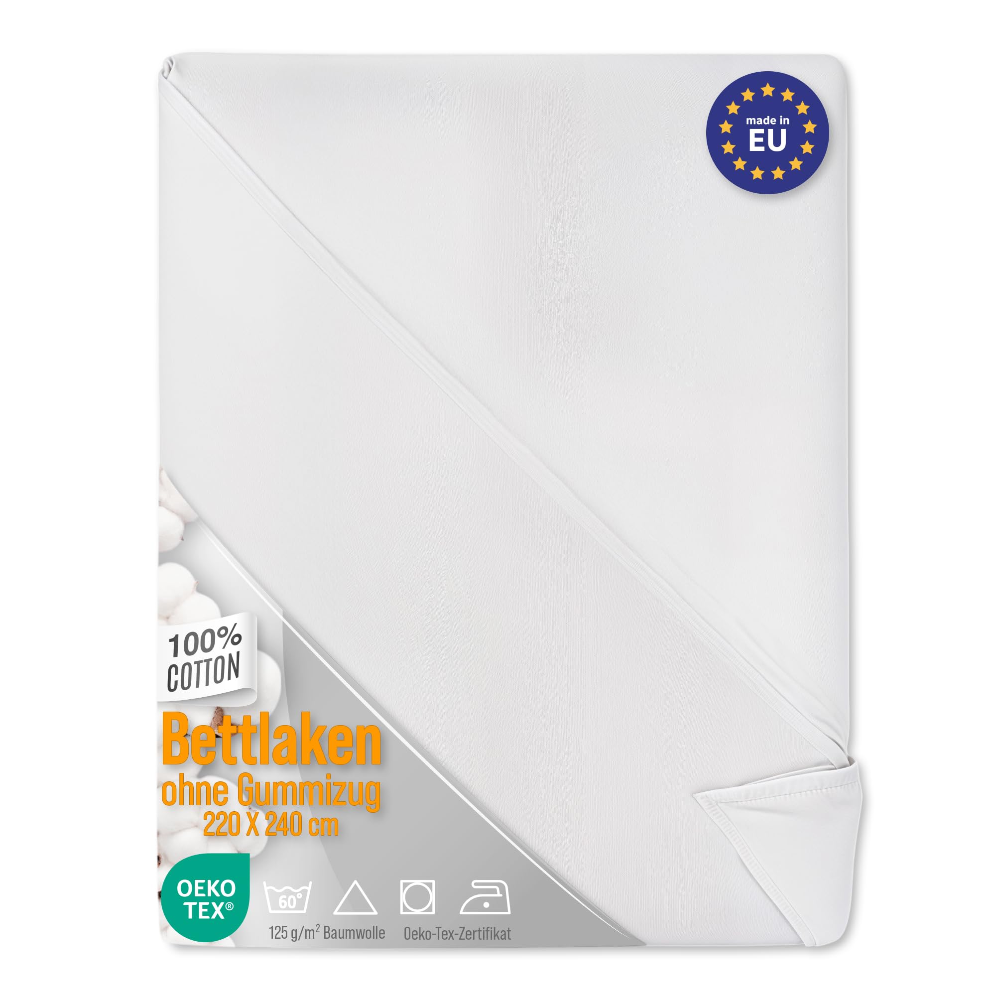 Bettlaken ohne Gummizug Baumwolle 2er Set: 100x200 cm - Bed Sheets Betttuch ohne Gummi und Laken Bedsheets Baumwollstoff weiß und Kochfest mit Oeko-Tex-Zertifikat 100 x 200