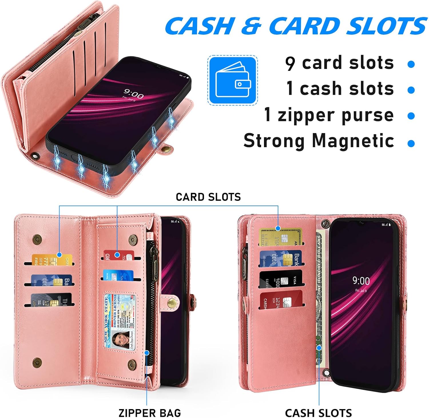 Asuwish Phone Case for T-Mobile Revvl 6 Pro/6X Pro 5G Zipper Wallet Cell Cover with Screen Protector Strap Flower Card Holder Slot Tmobile Revel X Tmo Revell T Mobile Rebel TCL Women Girls Rose Gold