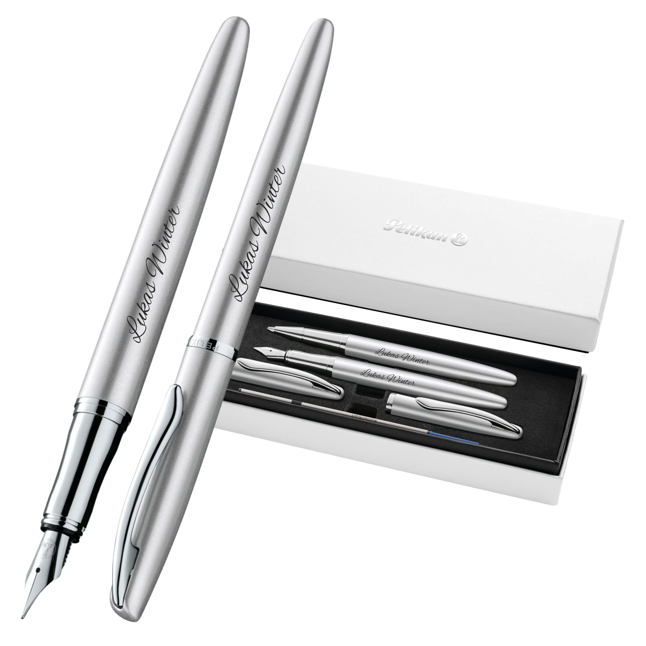 Pelikan Jazz Noble Elegance R/P36 - Juego de bolígrafo y pluma estilográfica con grabado de regalo, bolígrafos únicos con nombre, regalos personalizados (plata)