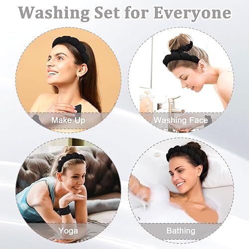 Miniatura 3 de Juego de diadema y pulsera de 7 piezas para cuidado de la piel, lavado facial, eliminación de maquillaje, incluye diademas de tela de rizo, esponjas