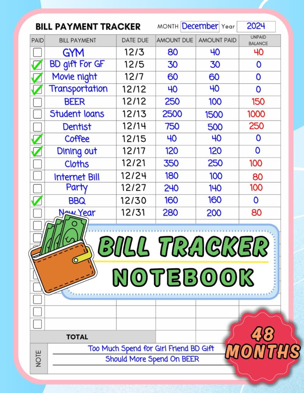 Bill Tracker Notebook: The 4-Year Guide for Bill Payment Tracker Monthly Organizer | Monthly Bill Payment Checklist Planner For Budgeting Financial Log Book (100+ Pages 8.5" x 11" Inches )