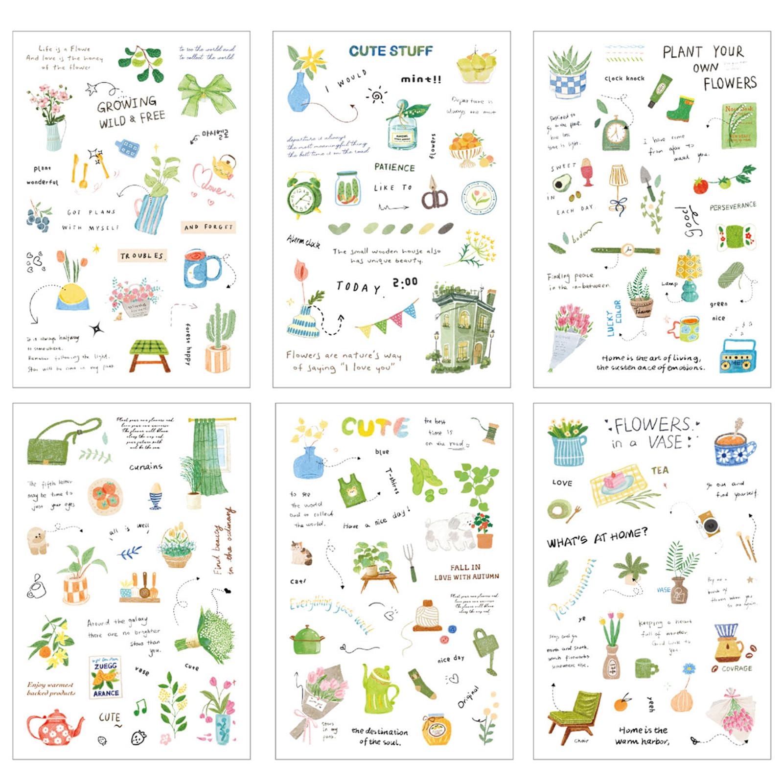 6Sheets Waterproof PET Sticker Decorative Journaling Sticker for Notebooks Photo Album Luggage Laptop Phone Scrapbooking Permanent Adhesive