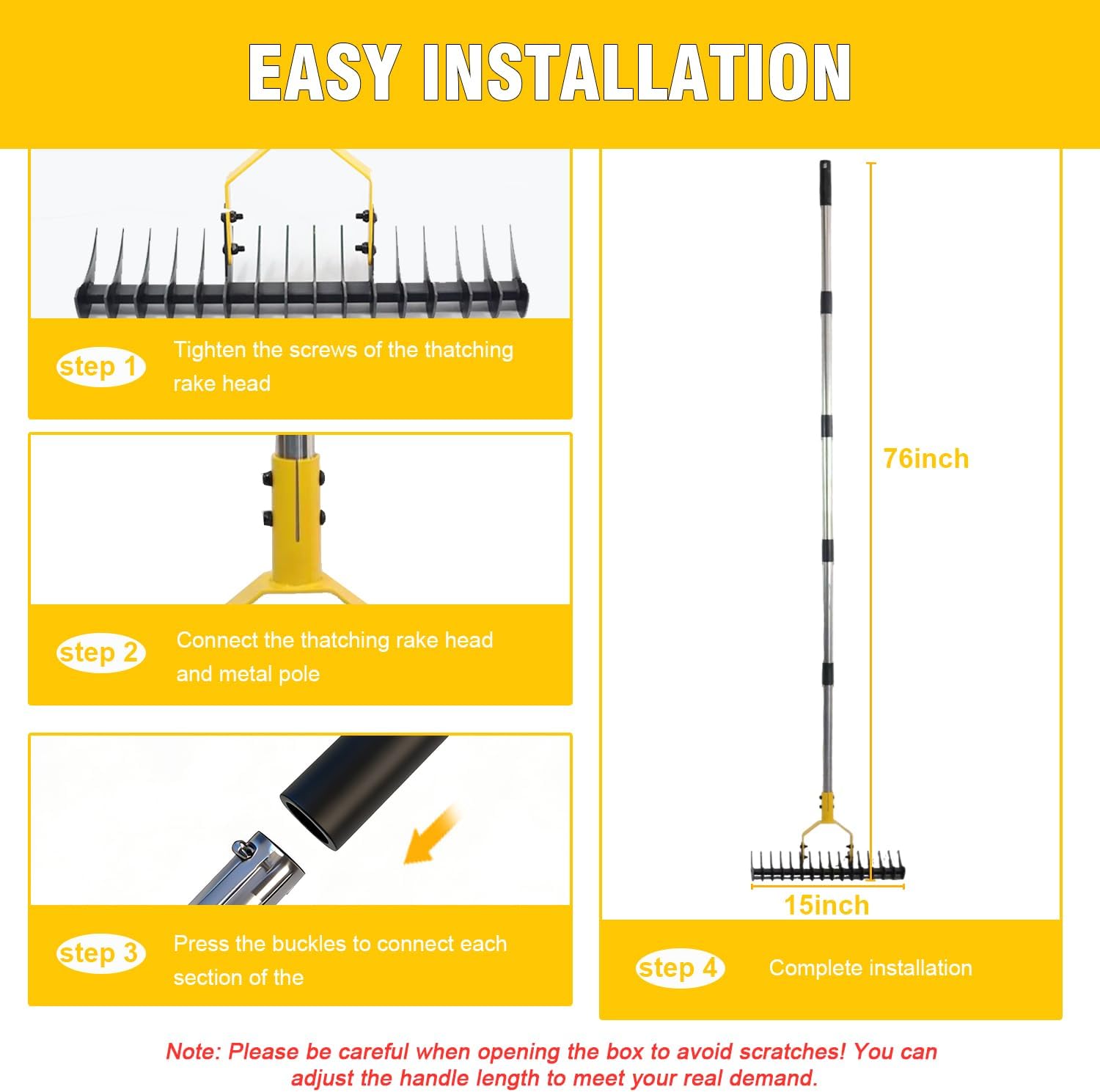Thatch Rake, 15" Wide Lawn Dethatcher Rake, Heavy Duty Rake for Dethatching with Dual-Side Tines to Clean Dead Grass & Leaves, Adjustable 71.5In Handle Thatching Rakes for Garden/ Yard