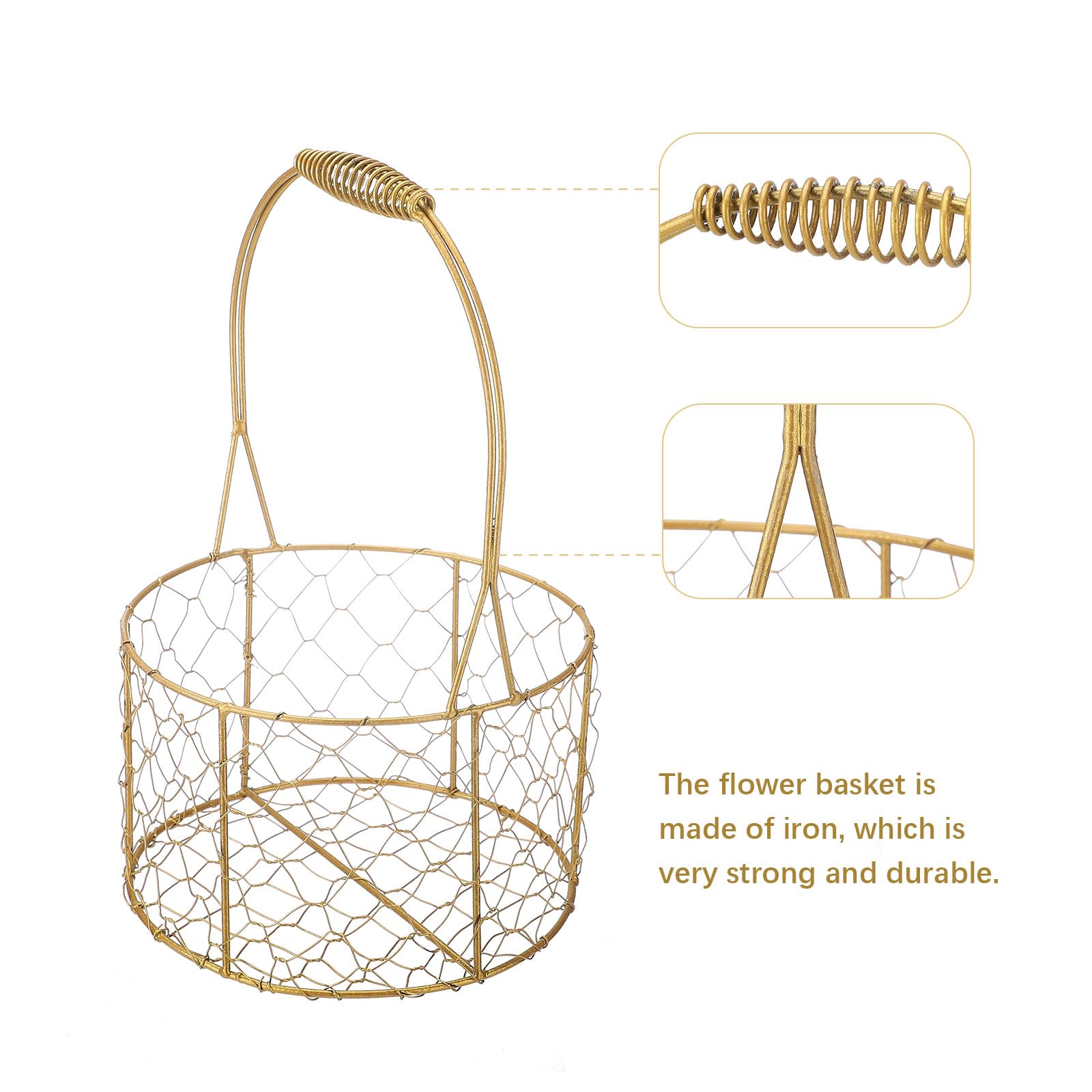 HFEHSKJ Gold Wire Storage Basket, Metal Iron Flower Girl Baskets for Weddings, Flower Girl Petal Basket with Handle, Rustic Flower Basket for Birthday Party Decoration (Round, 1PCS)