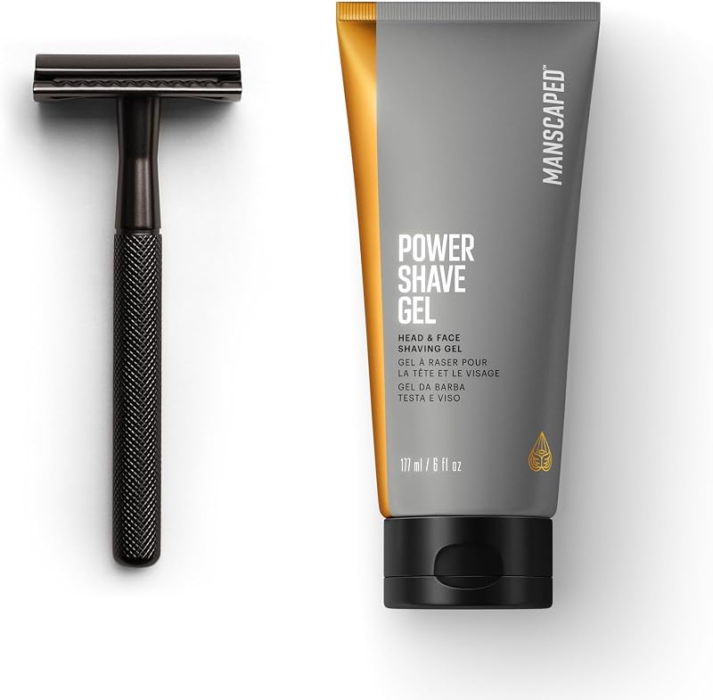 MANSCAPED® The Plow® 2.0 & Power Shave Gel, Men's Face Shaving Bundle with Single Blade Safety Razor and Soothing Face Shaving Gel with Liquid Exfoliants to help Defend Against Ingrown Hairs, 6 fl oz