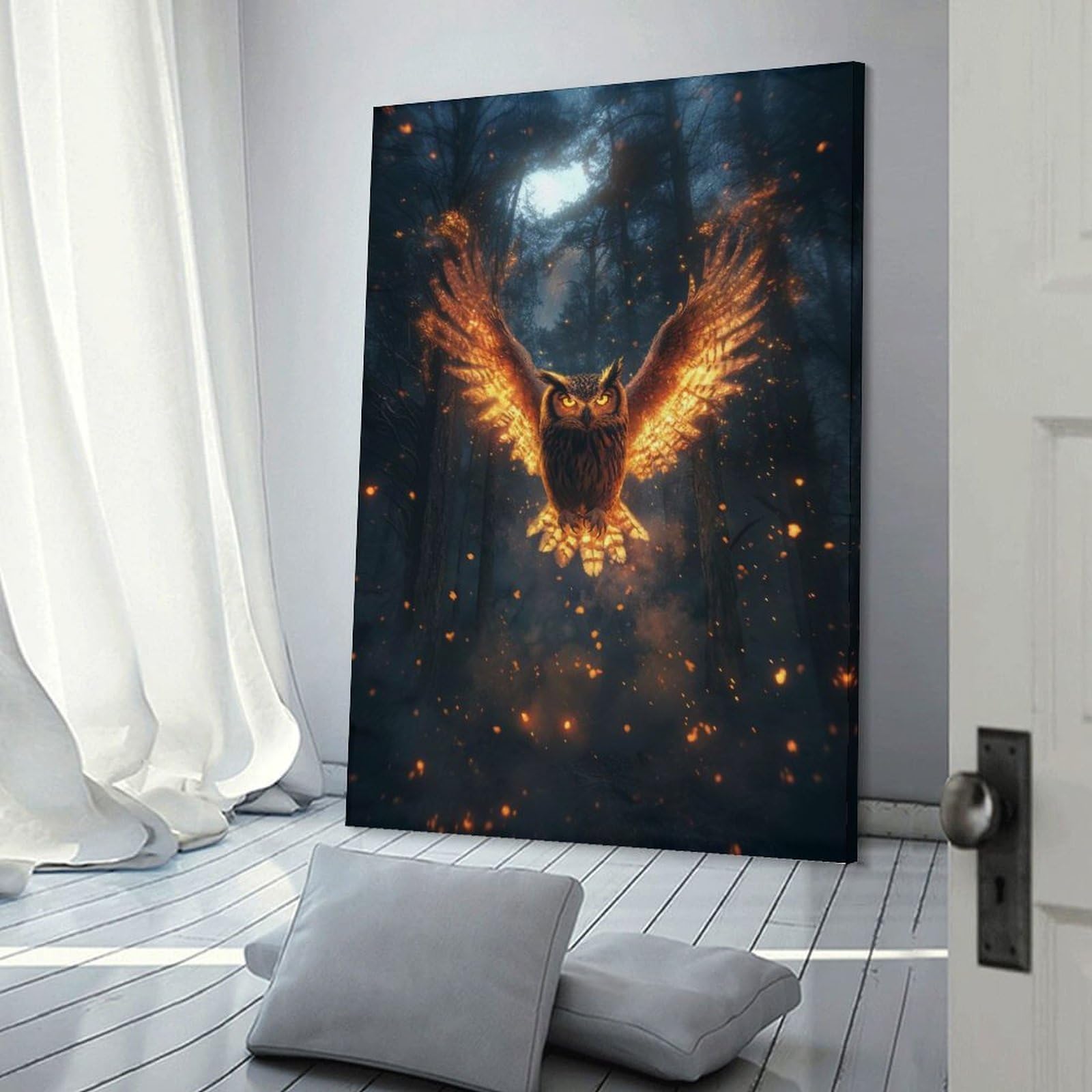 Junmoney Frame-Style-16 Fiery Owl In Forest Poster, Picture, Metal Print, Paint By Tesiga Hanging Wall Art, 20X30inch(50X75cm), For Entrance Walls, Hall Decor Or Foyers, Wall Decor To Refresh Empty Corners