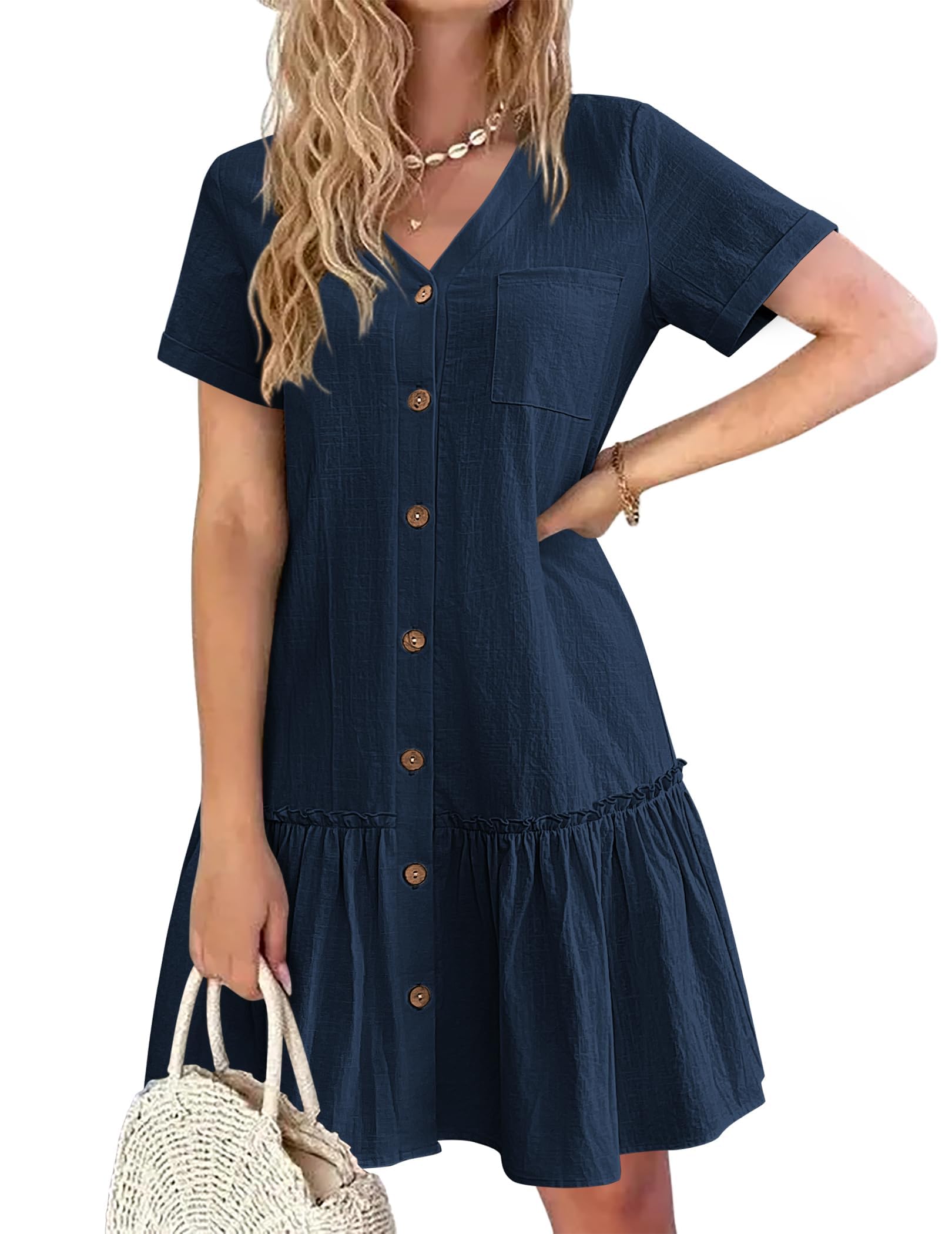 Hotouch Sommerkleid Damen Button Down Leinenkleid Strandkleid Casual V-Ausschnitt Minikleid Kurzarm A-Linie Kleid Rüschenumschlag Kleider