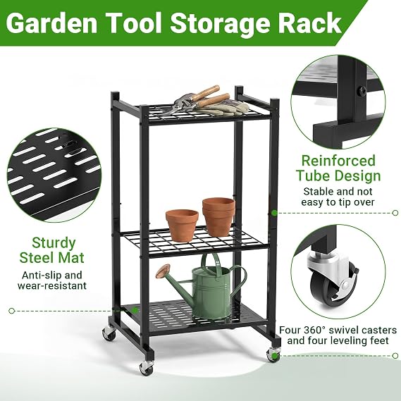 Garden Tool Storage Rack, 3 Tier Metal Yard Tool Tower Rack with Wheels, Up to 35 Tools, Heavy Duty Garden Tool Holders Organizer for Garages, Patios, Terraces, Indoors and Outdoors