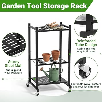 Garden Tool Storage Rack, 3 Tier Metal Yard Tool Tower Rack with Wheels, Up to 35 Tools, Heavy Duty Garden Tool Holders Organizer for Garages, Patios, Terraces, Indoors and Outdoors