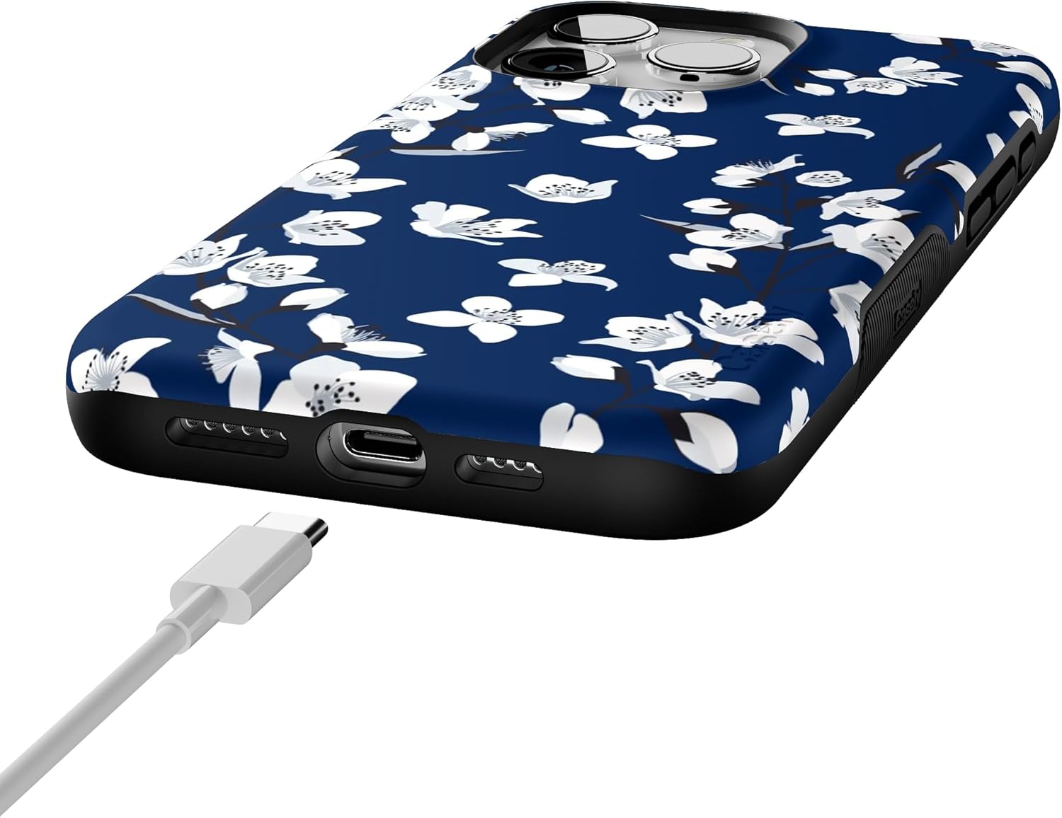 Casely iPhone 15 Pro Case | Floral Forest | Navy Cherry Blossom Floral | Bold Protective Design | Compatible with MagSafe
