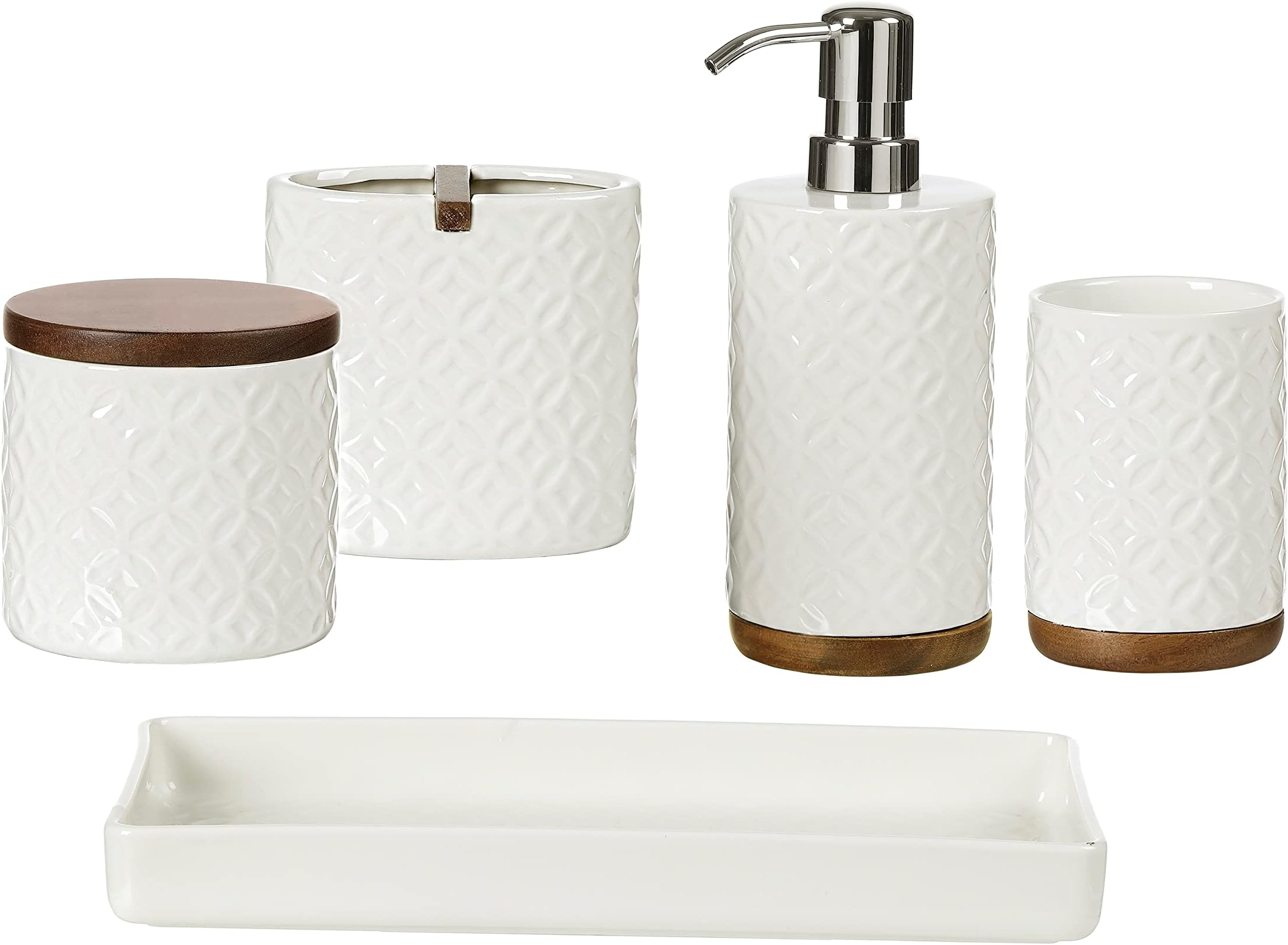 Bathroom Accessories Set, 5-Piece Ceramic and Wood Bath Accessory Complete Set with Lotion Dispenser/Soap Pump, Cotton Jar, Vanity Tray, Tumbler and Toothbrush Holder (White and Beige)
