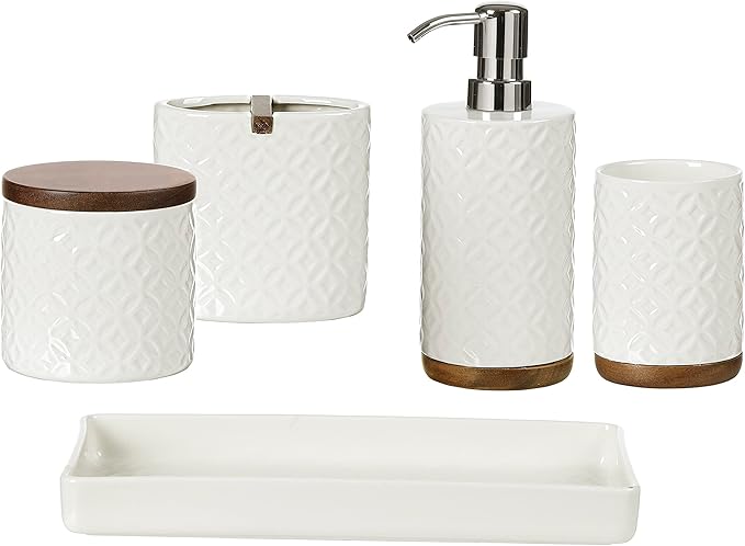 Motifeur Bathroom Accessories Set, 5-Piece Ceramic and Wood Bath Accessory Complete Set with Lotion Dispenser/Soap Pump, Cotton Jar, Vanity Tray, Tumbler and Toothbrush Holder (White and Beige)