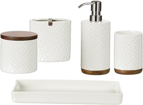 Bathroom Accessories Set, 5-Piece Ceramic and Wood Bath Accessory Complete Set with Lotion Dispenser/Soap Pump, Cotton Jar, Vanity Tray, Tumbler and Toothbrush Holder White and Beige