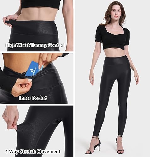 Miniatura 5 de HARTPOR Leggings de piel sintética para mujer, elásticos, de cintura alta, brillantes, pantalones de cuero, leggings de cuero, pantalones de yoga