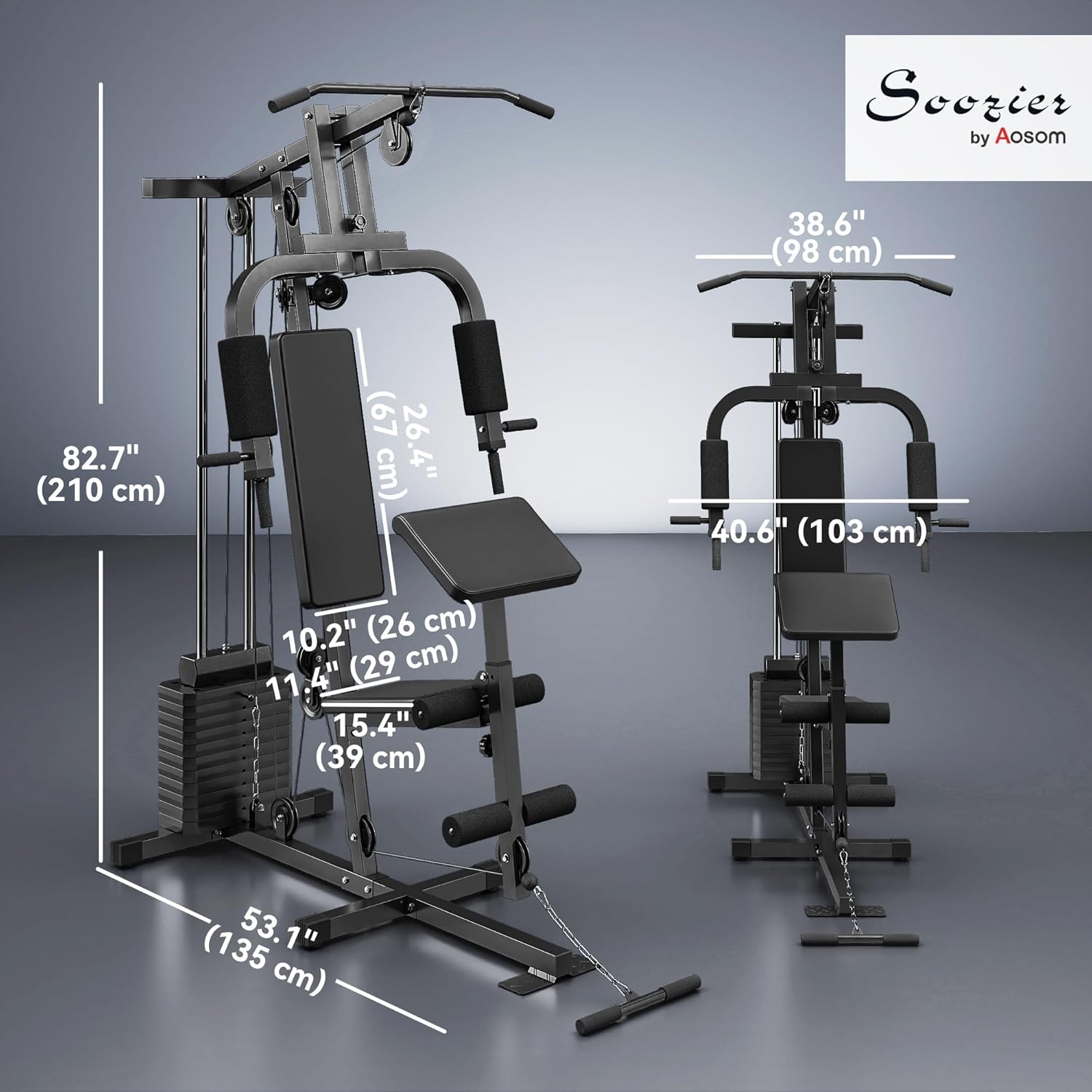 Diagram showing the dimensions of the Soozier Home Gym Equipment: 82.7 inches height, 53.1 inches length, 40.6 inches width