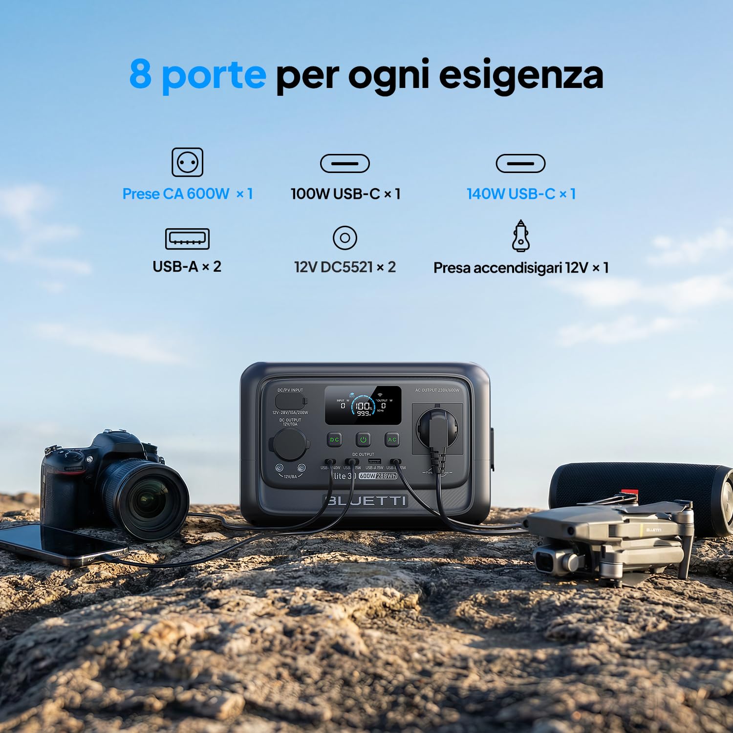 BLUETTI Stazione di Energia Portatile Elite 30 V2, Batteria LiFePO4 da 288Wh, Uscita CA da 600W (Picco 1500W), Ricarica Totale in 70 Minuti, Ideale per Campeggio, Viaggi, Interruzioni di Corrente