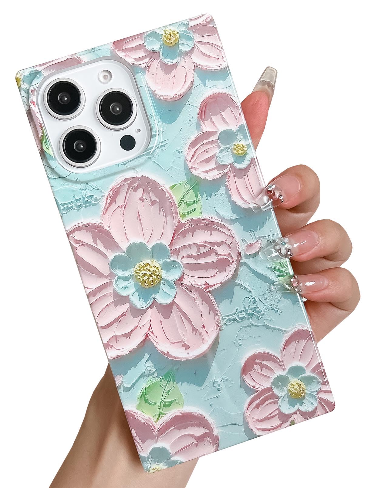 KERZZIL Elegent Girly 3D Flower Compatible with iPhone 16 Pro Max Rectangle Edge Case, Cute Floral Pattern Slim Soft TPU Protective Bumper Cases Cover