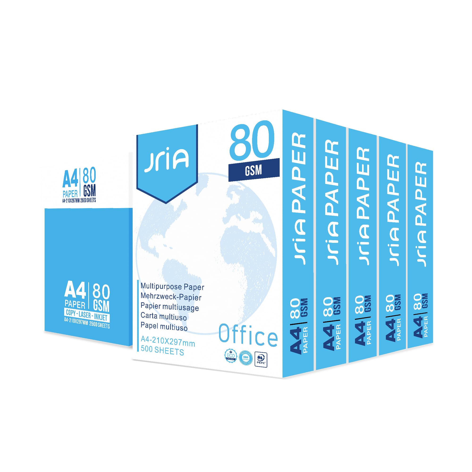 JriA A4 White Printer Copier Paper – 5 Reams (2500 Sheets), 80 GSM – Office Printing Paper for Laser, Inkjet & Copy Use (1 Box)