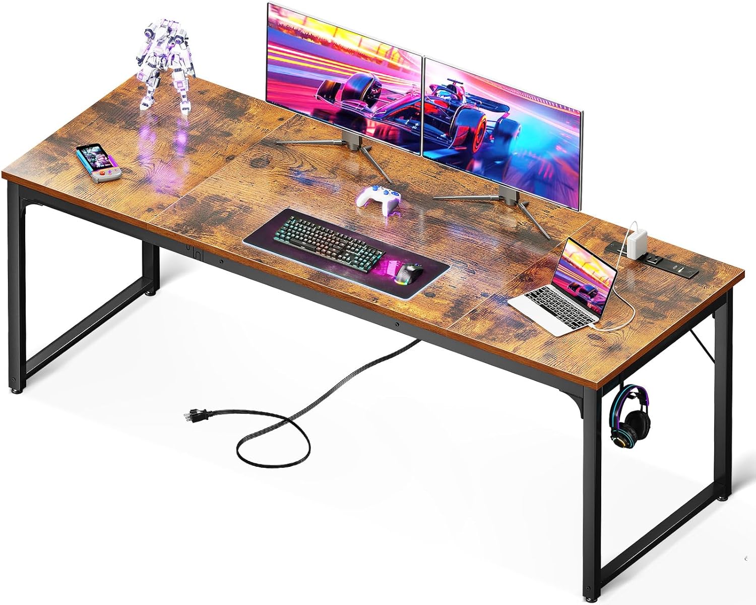 ODK 71 Inch Computer Desk with Power Outlet, Large Desk for Home Office and Gaming, Long Writing Table for Study and Crafting – Vintage Brown