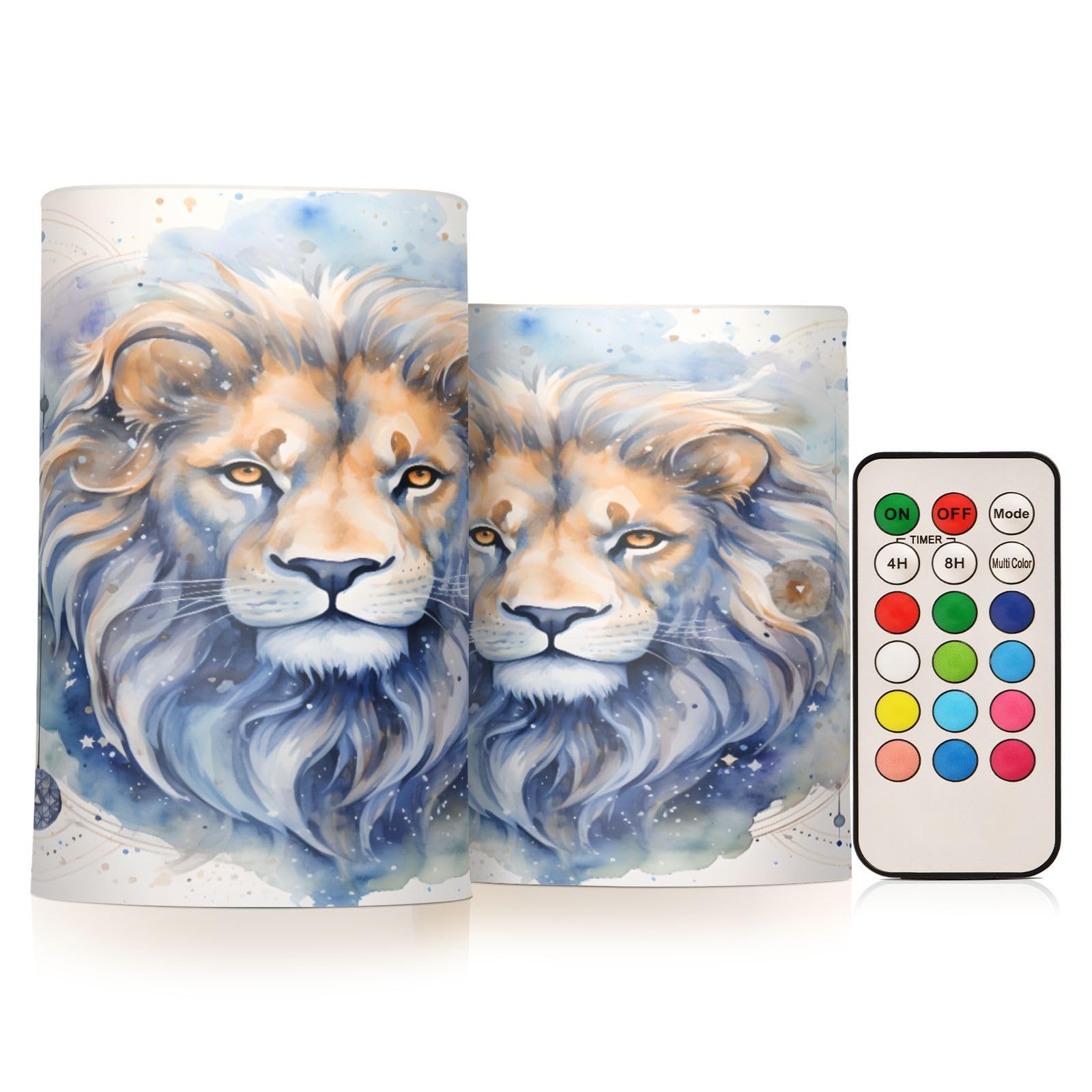 Mnsruu Flickering Flameless Candles Lion Watercolor LED Candles with Remote Timer Set of 2 Battery Operated Candle Home Decoration