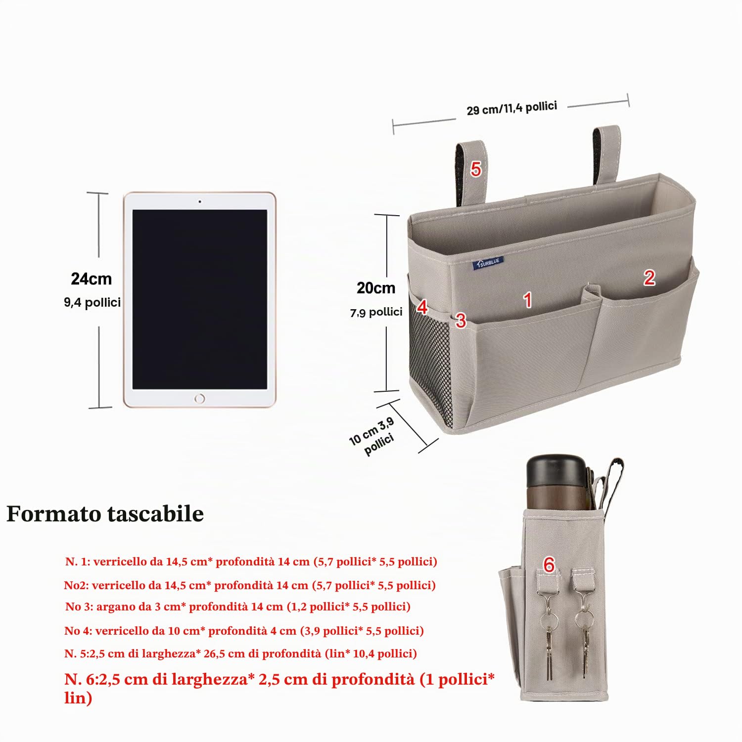 Surblue Comodino Caddy Appeso Letto Organizer Borsa Portaoggetti 4 Tasche e 2 Ganci Piccolo-Grigio