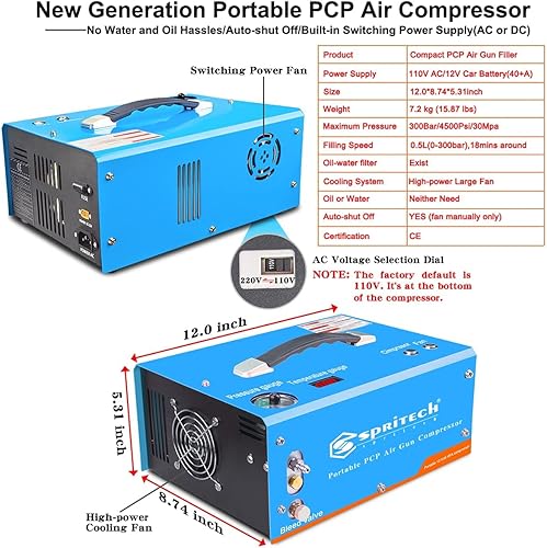 Miniatura 2 de Spritech Compresor de aire PCP, apagado automático de 4500 Psi30 Mpa sin aceiteagua, pistola de aire de presión y bomba de tanque de paintball con