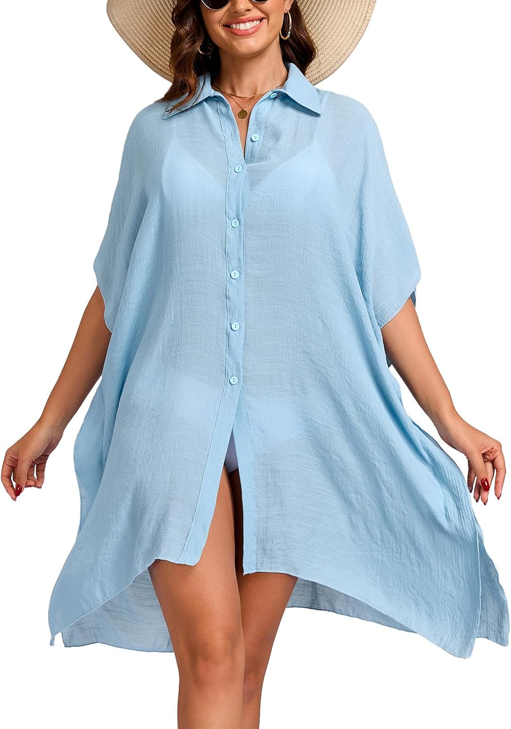 KIWI RATA Women’s Swimsuit Coverup Shirt Dress Short Sleeve Bathing Suit Cover Up Beachwear