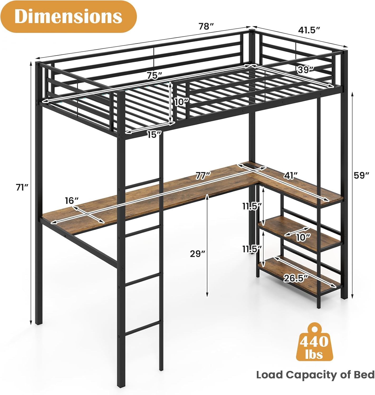 Detailed dimensions diagram of the KOTEK Twin Loft Bed, showing length, width, height, and desk measurements.