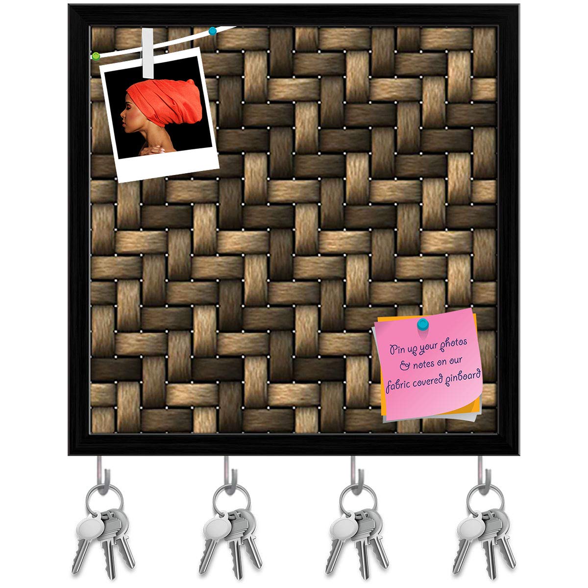 ArtzFolio Basket Key Holder Hooks Notice Pin Board Black Frame 10 X