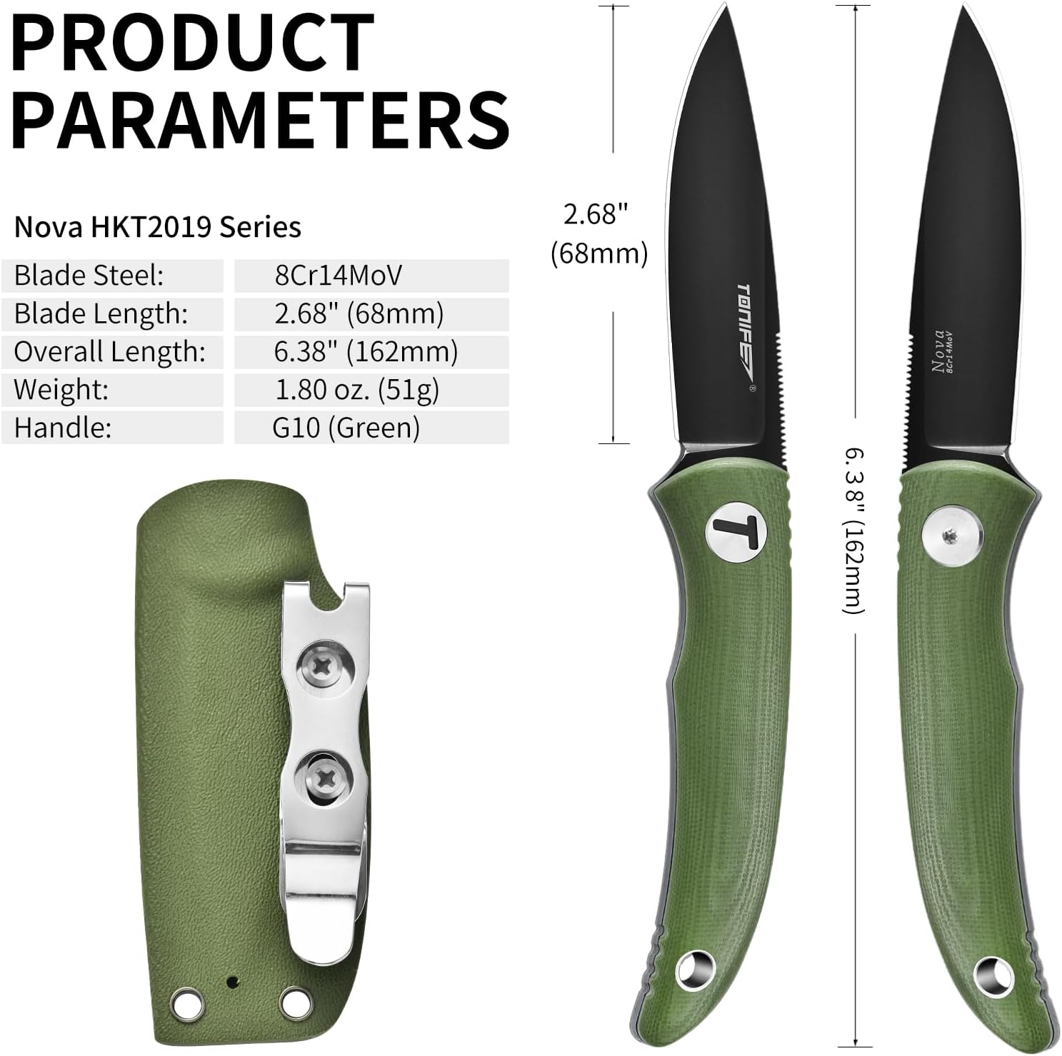 TONIFE Nova 2.68'' Blade Mini Neck Knife Full Tang Fixed Blade Knife with Kydex Sheath and Adjustable Paracord Lanyard for Camping Outdoor Survival Tool (Green+Black Titanium)