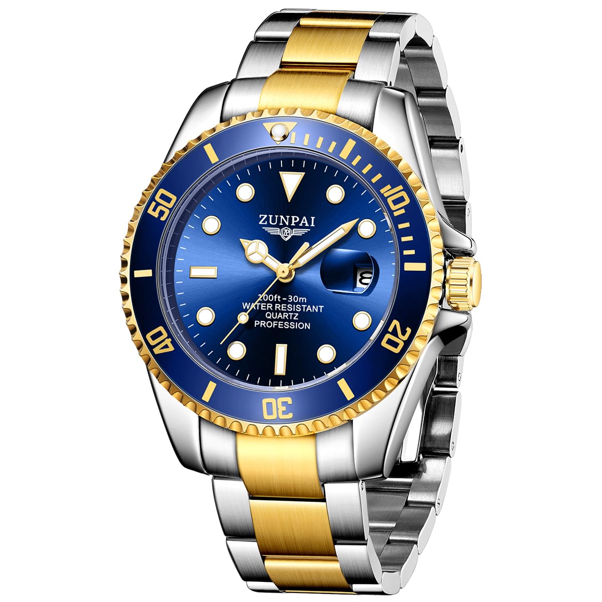 senstone Men's Watch Submariner Stainless Steel Strap Rotating Bezel Big Face with Luminous Calendar Water Resistant 30M