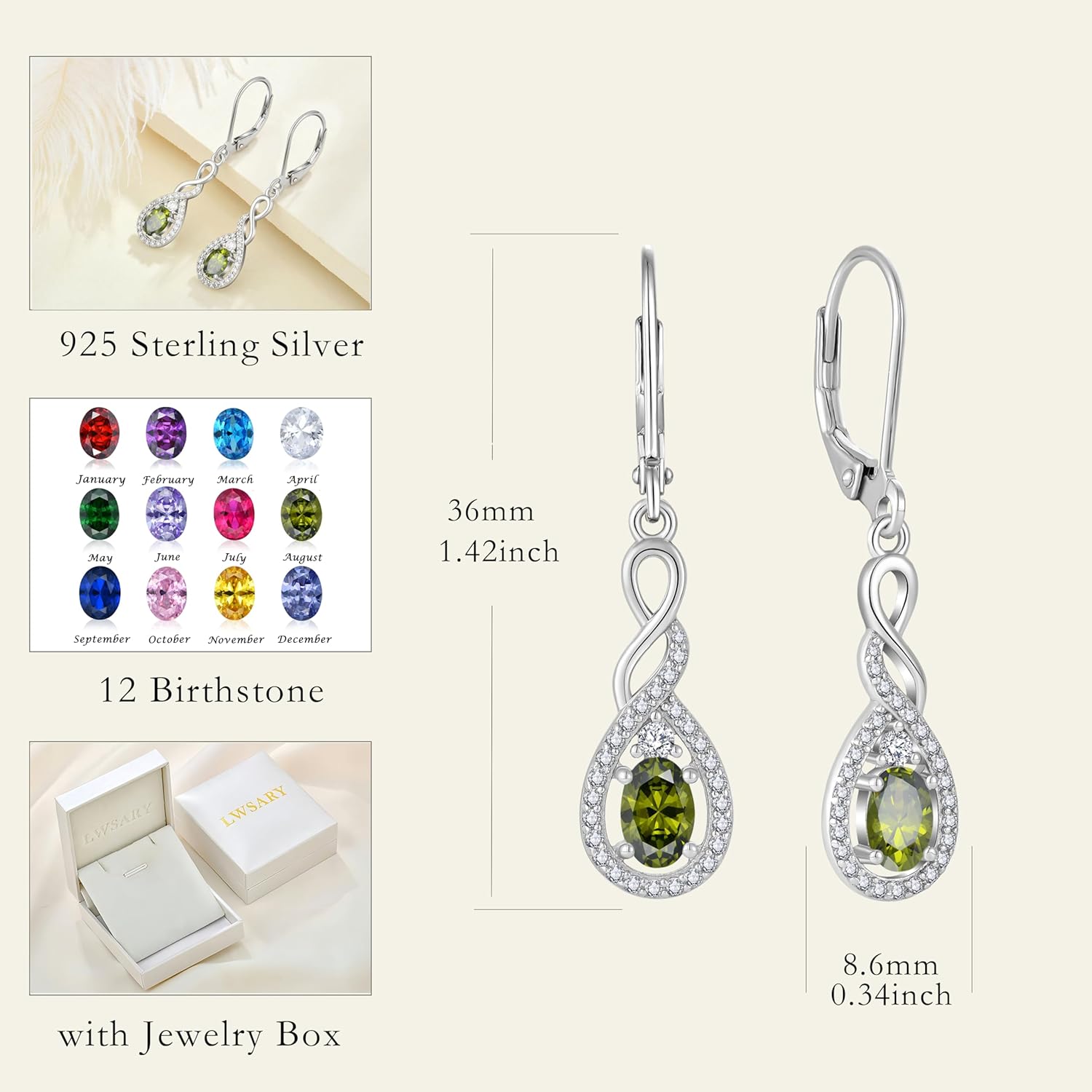 Oval Cut Dangle Drop Earrings 925 Sterling Silver Infinity Twisted Leverback Earrings Birthstone Jewelry for Women - Image 6