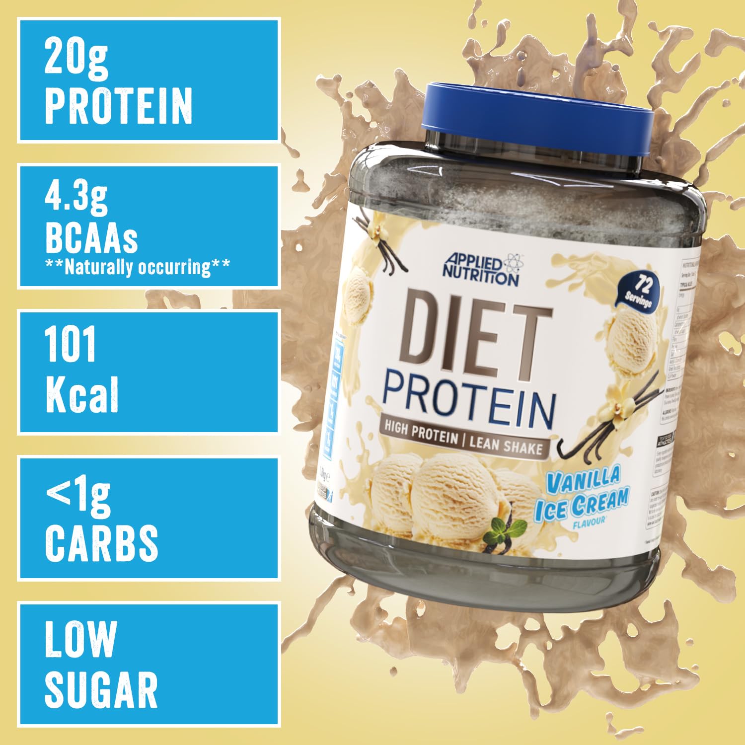 Applied Nutrition Diet Whey - Hochwertiges Proteinpulver, Kohlenhydrat | Zuckerarm, Gewichtskontrolle CLA, L-Carnitin und grünem Tee 1.8kg, Vanilla