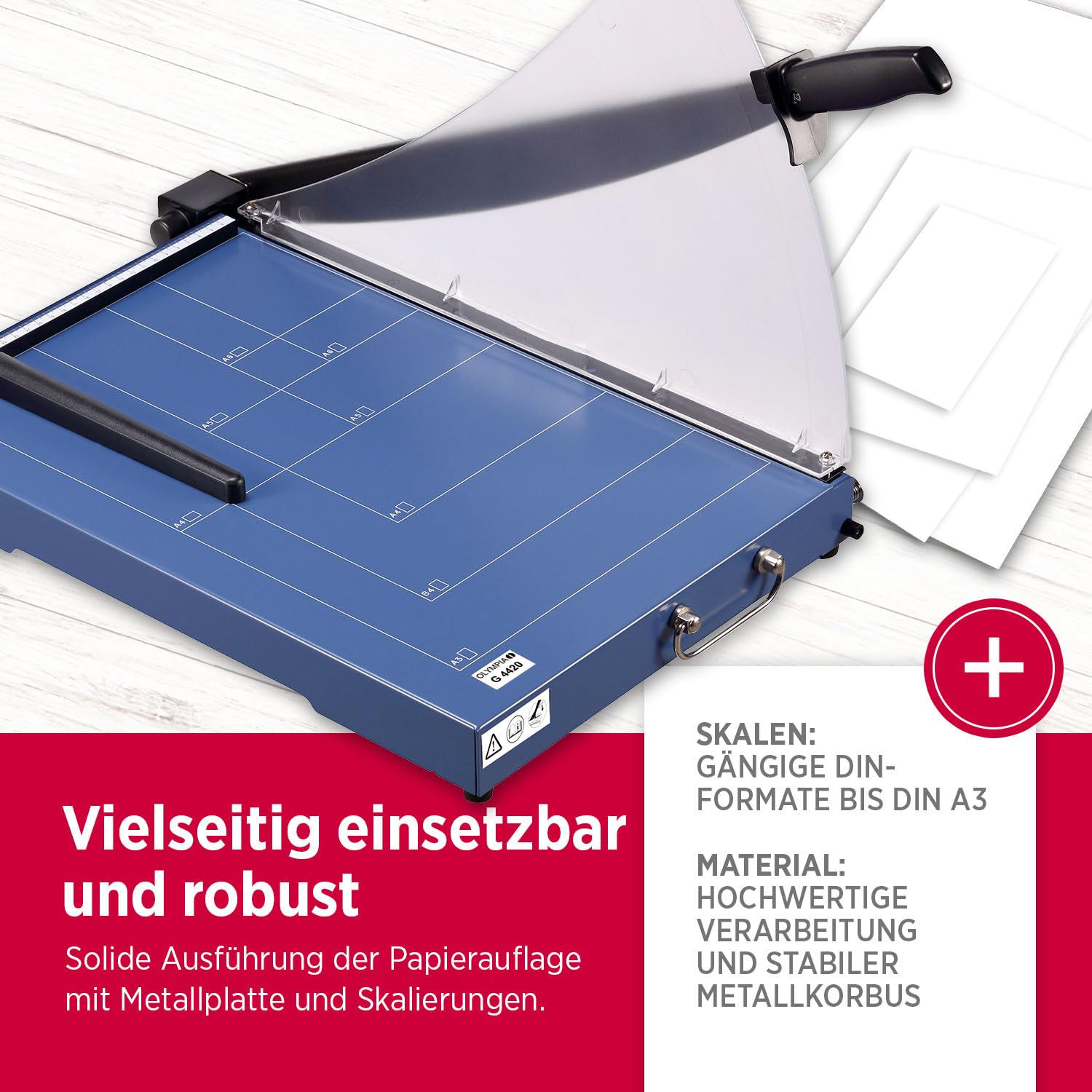 Olympia G 4420 Profi Hebelschneider | Papierschneidemaschine DIN A3 | 448mm Arbeitsbreite | Papierschneider A3 | sichere Schneidemaschine | bis zu 20 Blatt | Fingerschutz & arretierbarer Hebel | blau