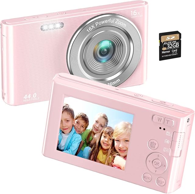 Digital Camera,NIKICAM Kids Camera 2.7K 44MP with 32GB SD Card, 2.4 Inch Point and Shoot Camera with 16X Digital Zoom, Small Compact Digital Camera for Teens Students Boys Girls SeniorsPink4