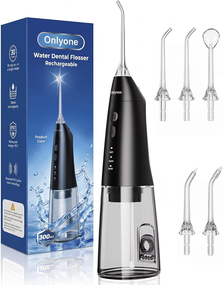 Onlyone Portable Water Flosser with 3 Settings, 5 Tips for Daily Oral Care | Rechargeable Cordless Oral Irrigator for Orthodontic & Sensitive Gums, Cordless for Home and Travel Use,300ML Larger Tank