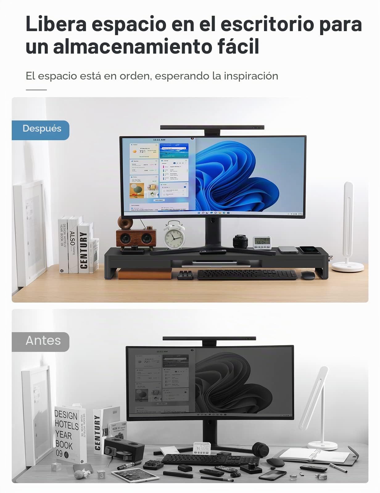 MEATANTY Soporte para 2 Monitores con Carga Inalámbrica y USB | Estructura metálica con 2 cajones, carga inalámbrica y hub USB de 4 puertos.
