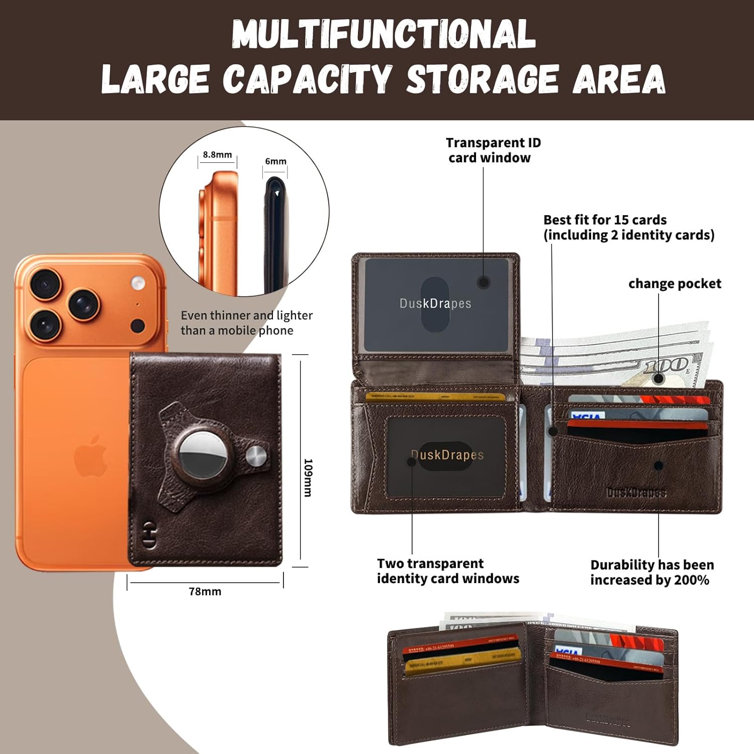 DuskDrapes AirTag Wallet for Men with Built-in Holder - Slim Leather Bifold Wallet with Airtag Slot | RFID Blocking, Full Grain Leather, 12 Card Capacity & 2 ID Windows | Gift Box Included - Image 2