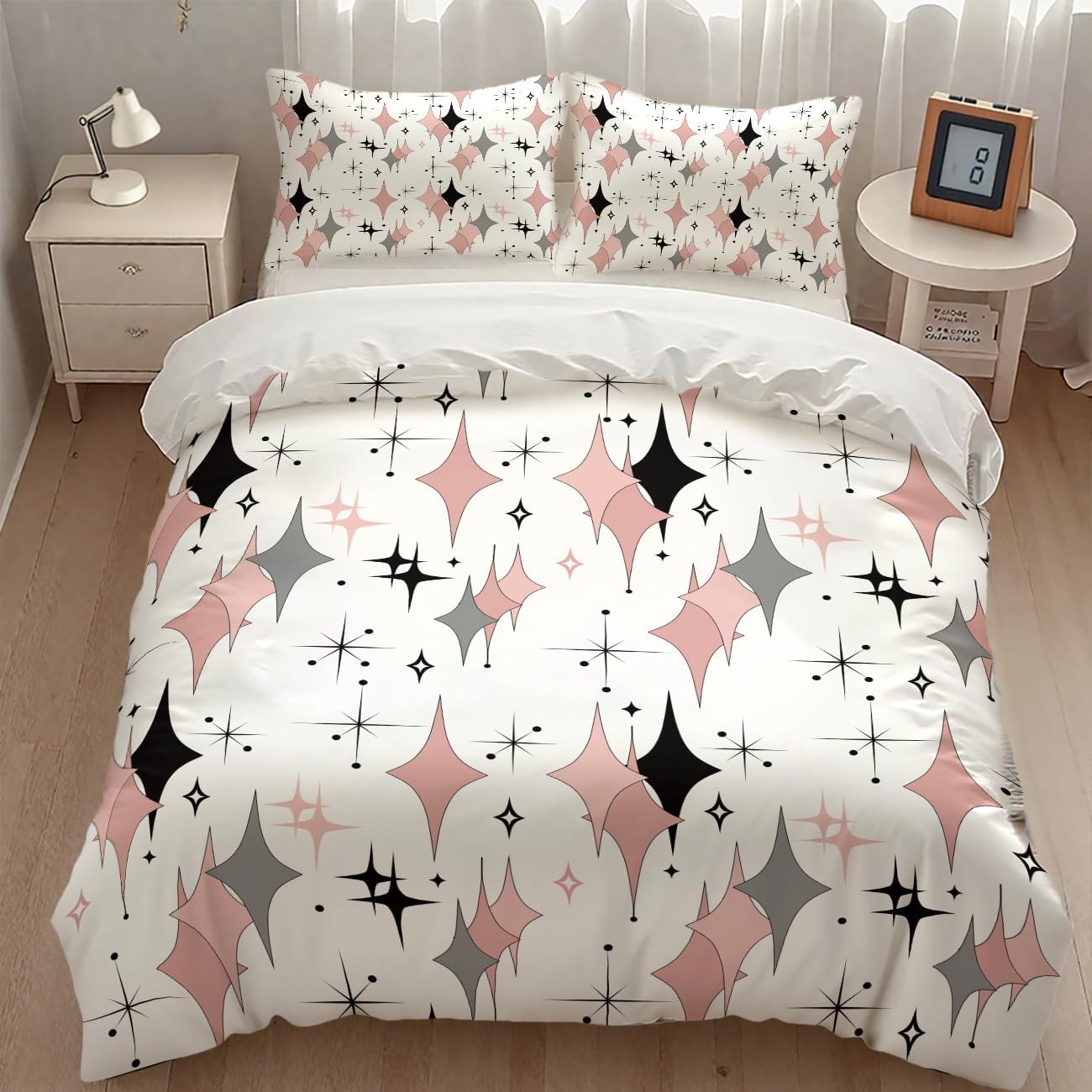 Mid Century Bedding Duvet Cover Set,1950s 1960s Vintage Atomic Abstract Green Geometric Pattern Comforter Set with Pillowcase for Bedroom Bed Decor，Twin 86"x70"